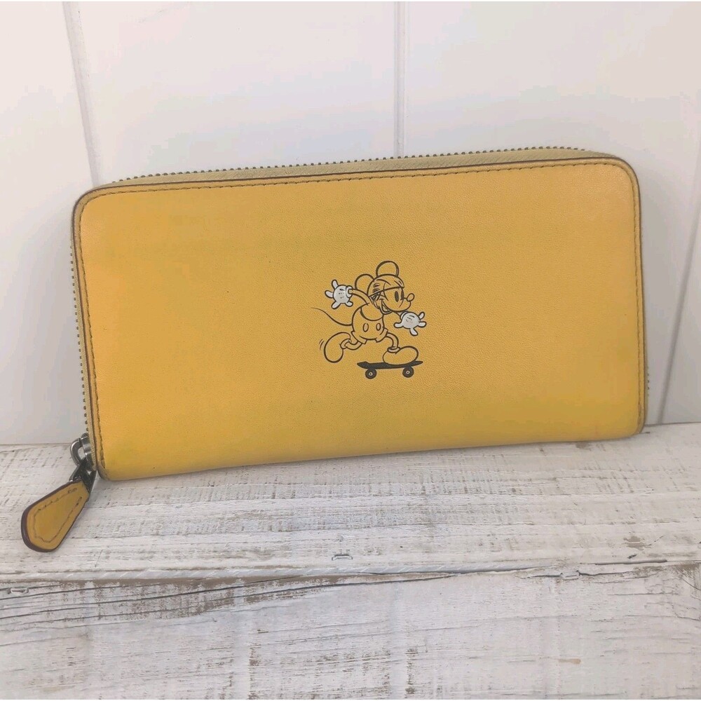 Coach + Disney Mickey Mouse Skateboard Yellow Leather Accordion Zip Wallet